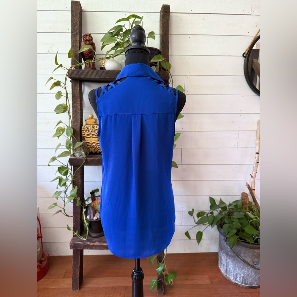 Express: Blue Sleeveless Button-Up Blouse with Cold Shoulder Back - Picture 7 of 17